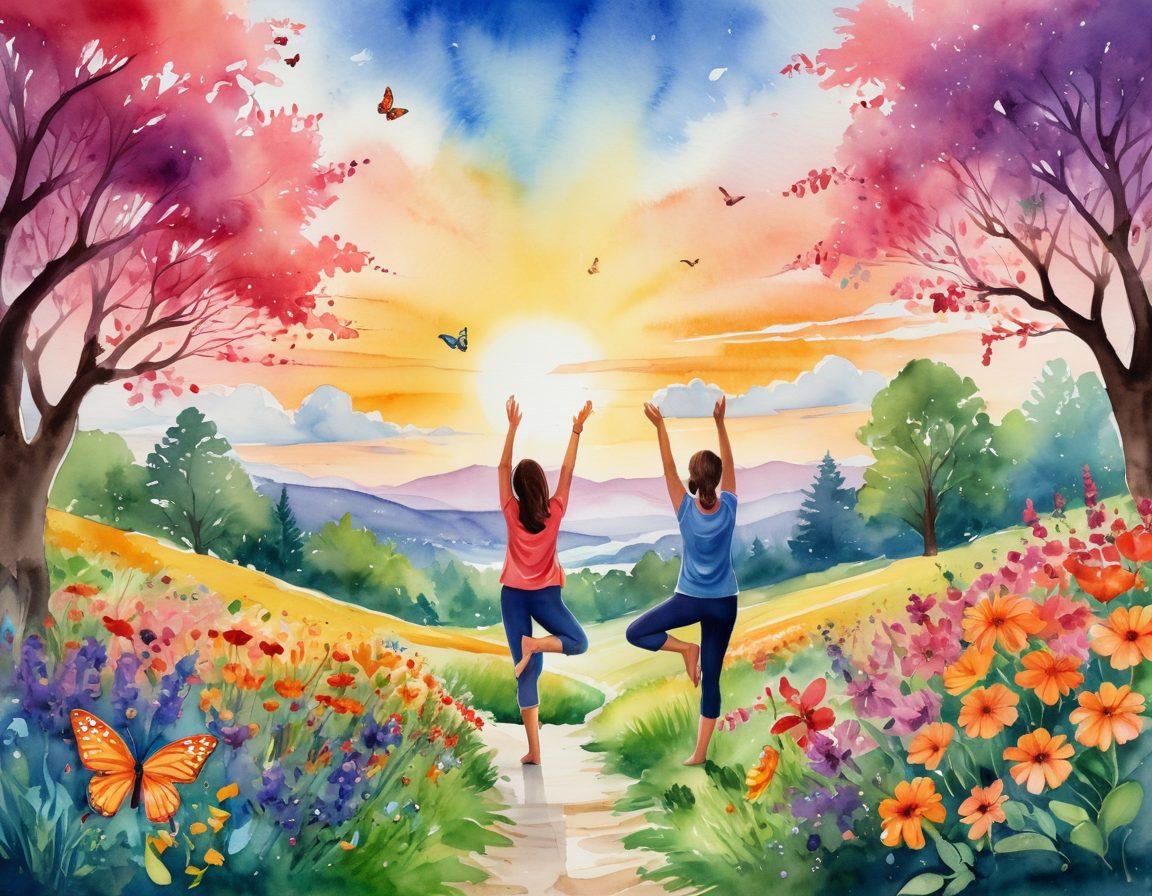 A vibrant sunrise illuminating a serene landscape, symbolizing new beginnings and positivity. Include a diverse group of people joyfully engaging in activities like yoga, gardening, and sharing laughter. Incorporate uplifting elements such as colorful butterflies and blooming flowers around them. The scene should radiate warmth and inclusivity, inspiring a sense of community and well-being. watercolors with soft brush strokes. vibrant colors.