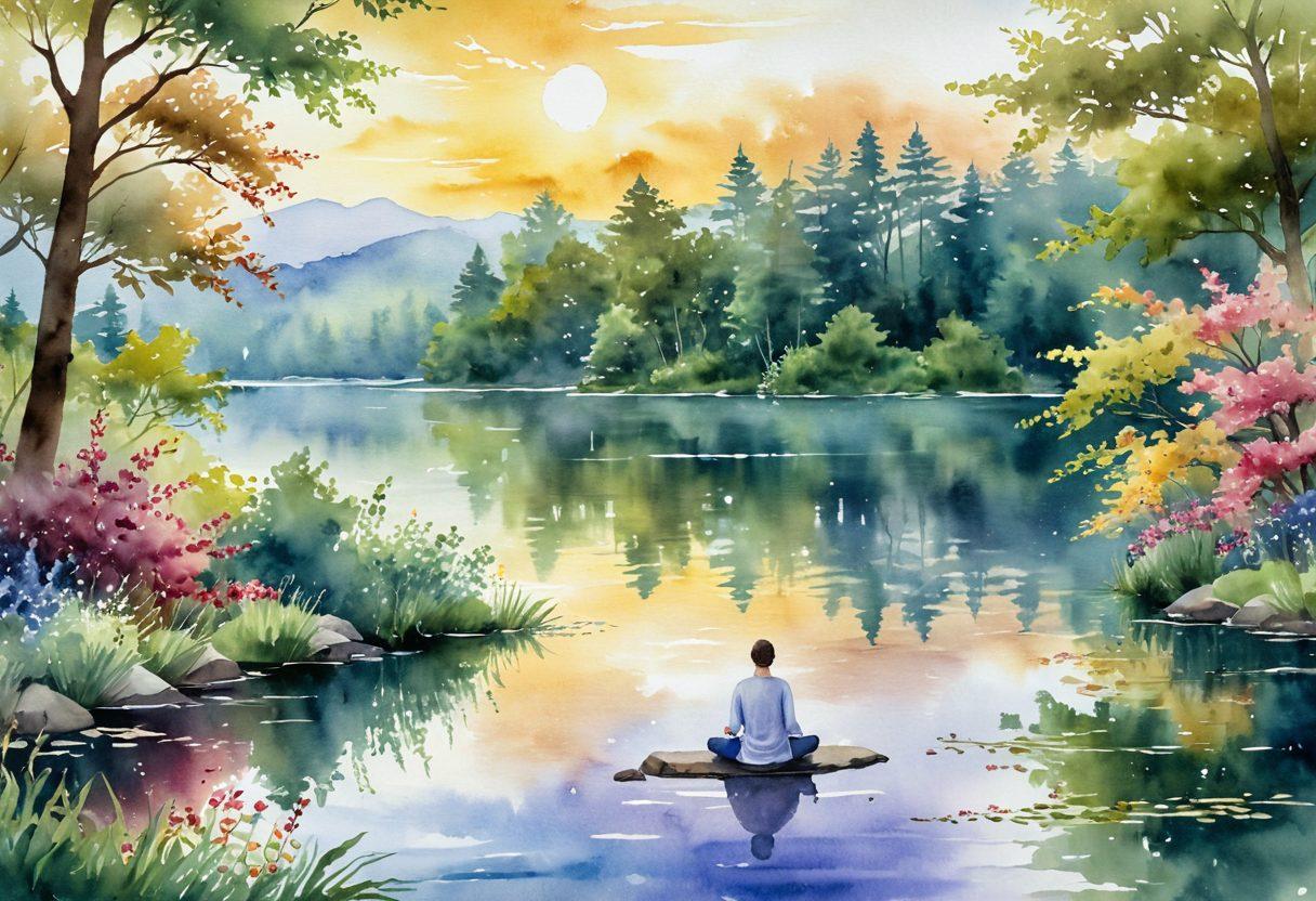 A serene landscape depicting a sunrise over a tranquil lake, with a person meditating on the shore, surrounded by blooming flowers and lush greenery. The atmosphere conveys transformation from joy to calmness, symbolizing gratitude. Soft light enhances the peaceful ambiance, inviting viewers to reflect on wellness and personal fulfillment. watercolor painting. warm colors.