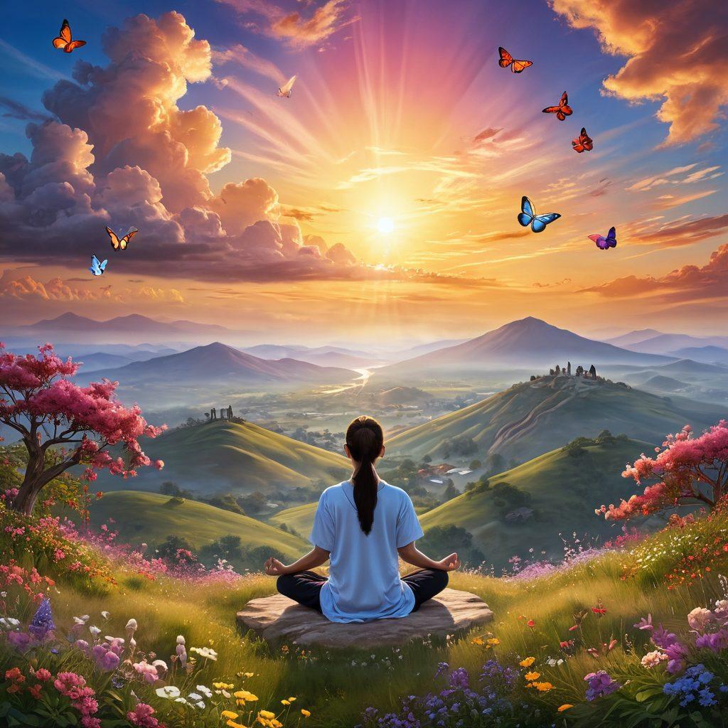 A serene landscape featuring a person meditating on a hilltop, surrounded by blooming flowers and a radiant sunrise, symbolizing inner joy and tranquility. Include soft clouds and butterflies to evoke a sense of lightness and freedom. The scene should exude warmth and positivity, with vibrant colors emphasizing happiness. super-realistic. vibrant colors. soft background.